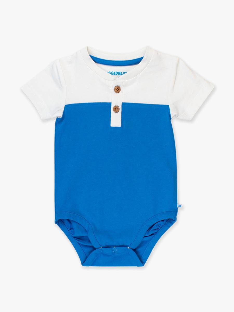 White & Blue Color Block Short Sleeve Knit Henley Bodysuit