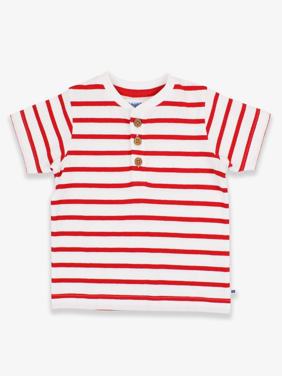 Red & White Stripe Short Sleeve Knit Henley