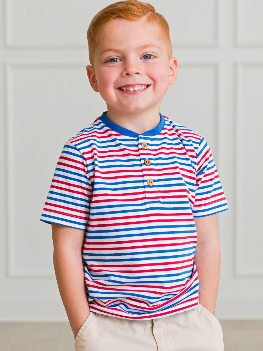 Red White & Blue Stripe Short Sleeve Knit Henley