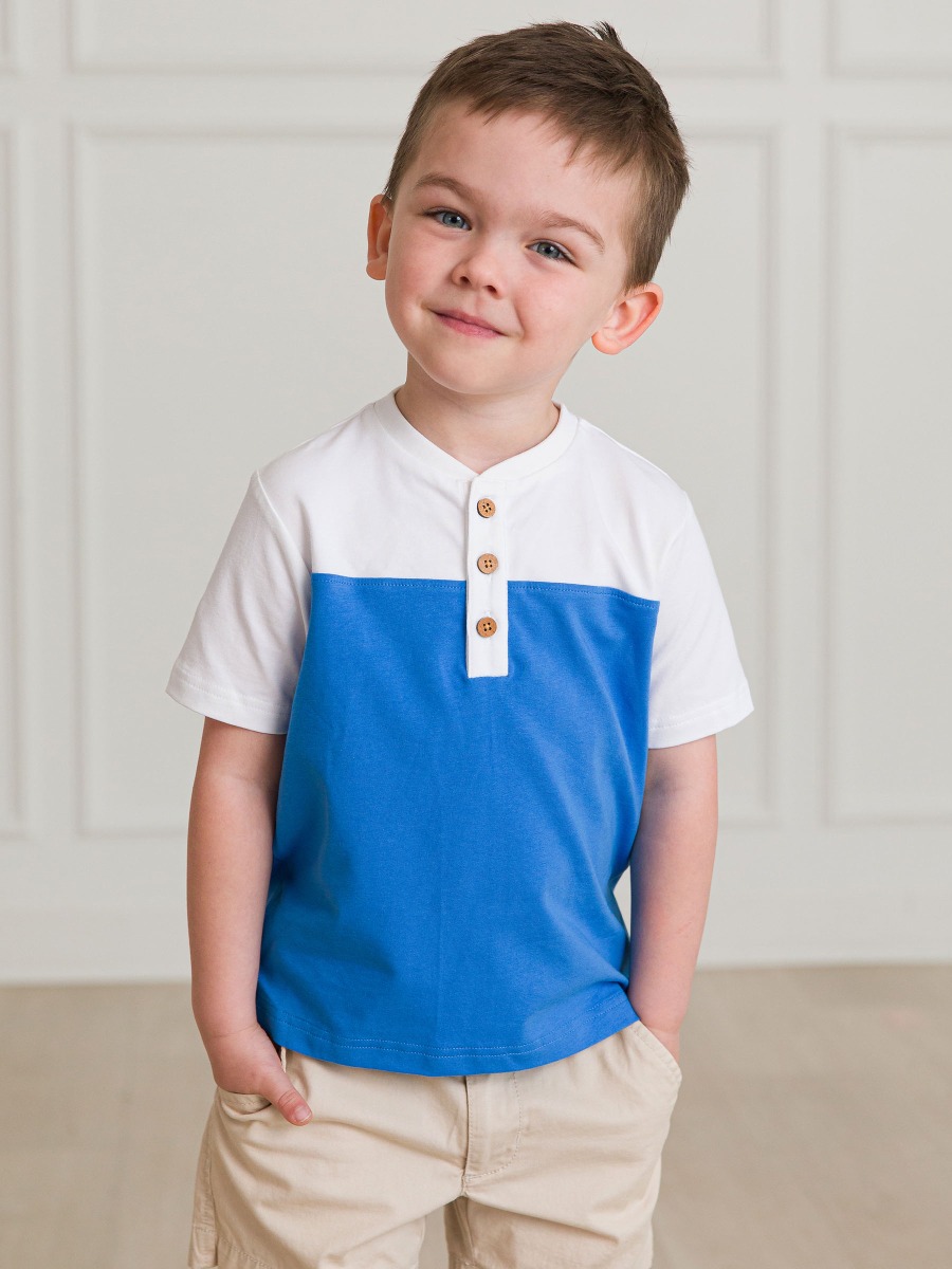 White & Blue Color Block Short Sleeve Knit Henley - 3-6m