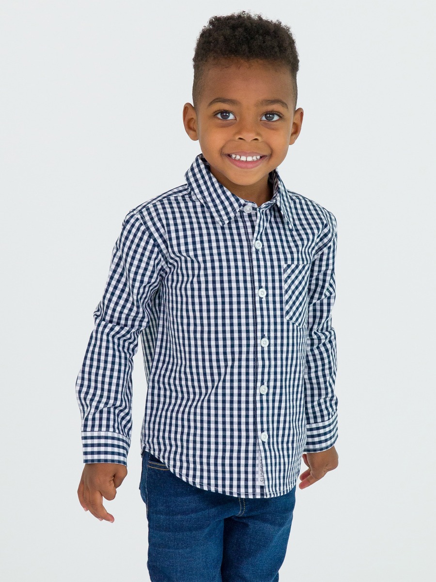 Dark Navy Gingham Long Sleeve Button Down Shirt