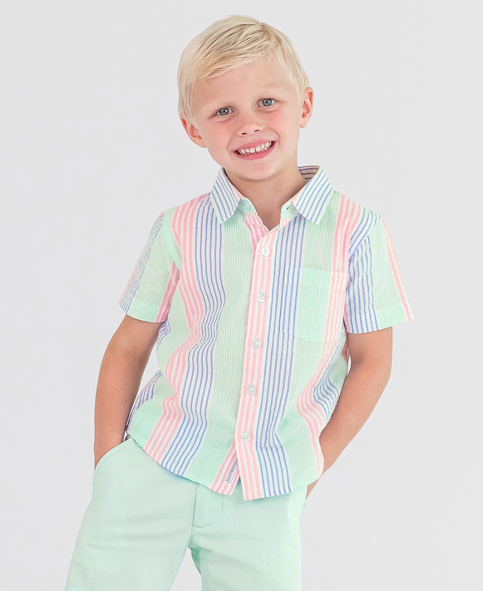 Multi-color Seersucker Button Collar Short Sleeve Button Down Shirt