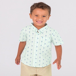 Palm Tree Gingham Button Collar Short Sleeve Button Down Shirt