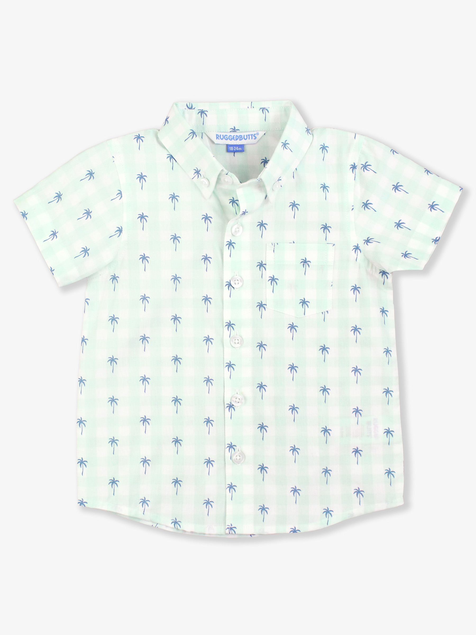 Palm Tree Gingham Button Collar Short Sleeve Button Down Shirt
