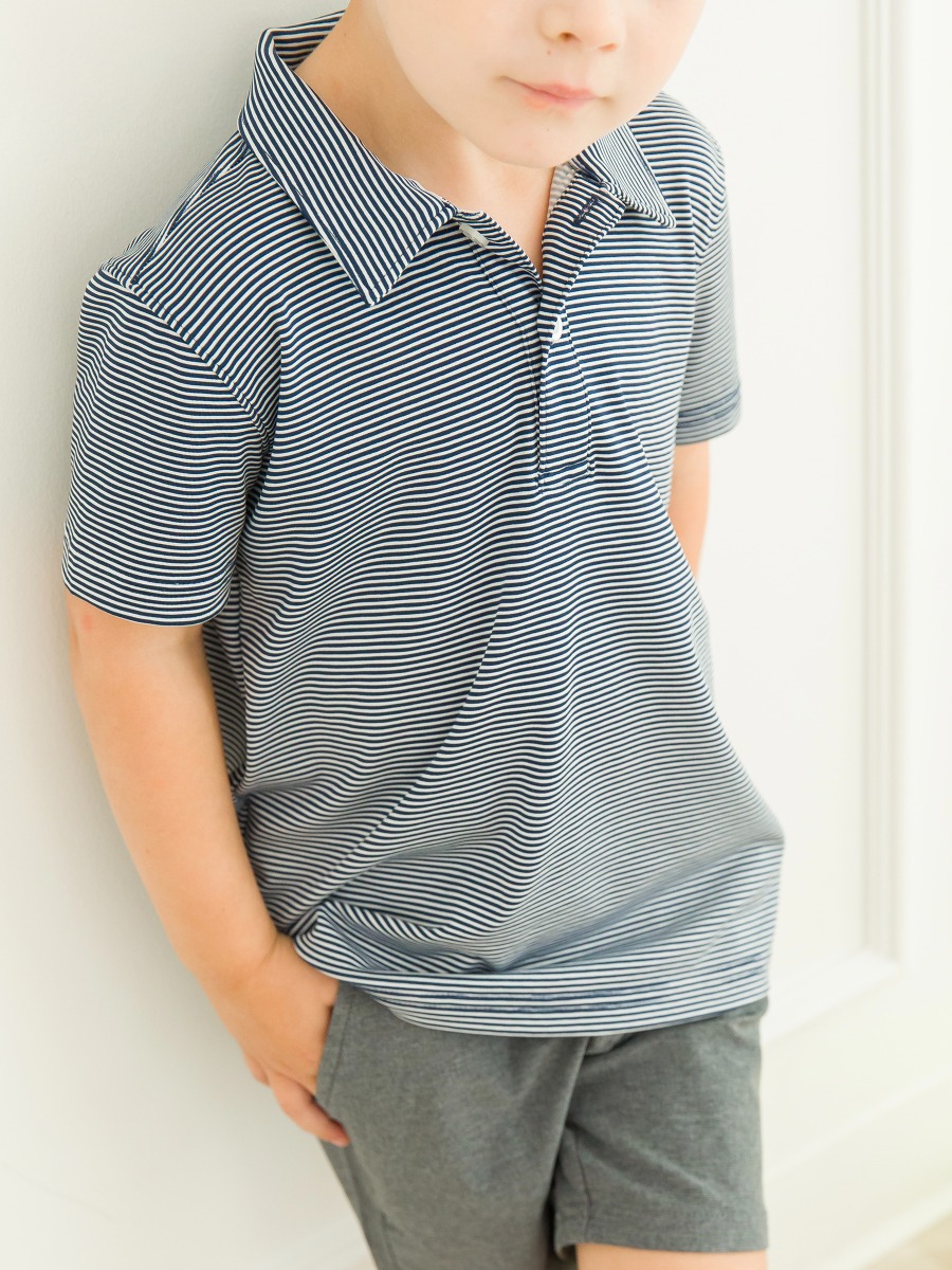 Dark Navy Micro Stripe Knit Short Sleeve Performance Polo