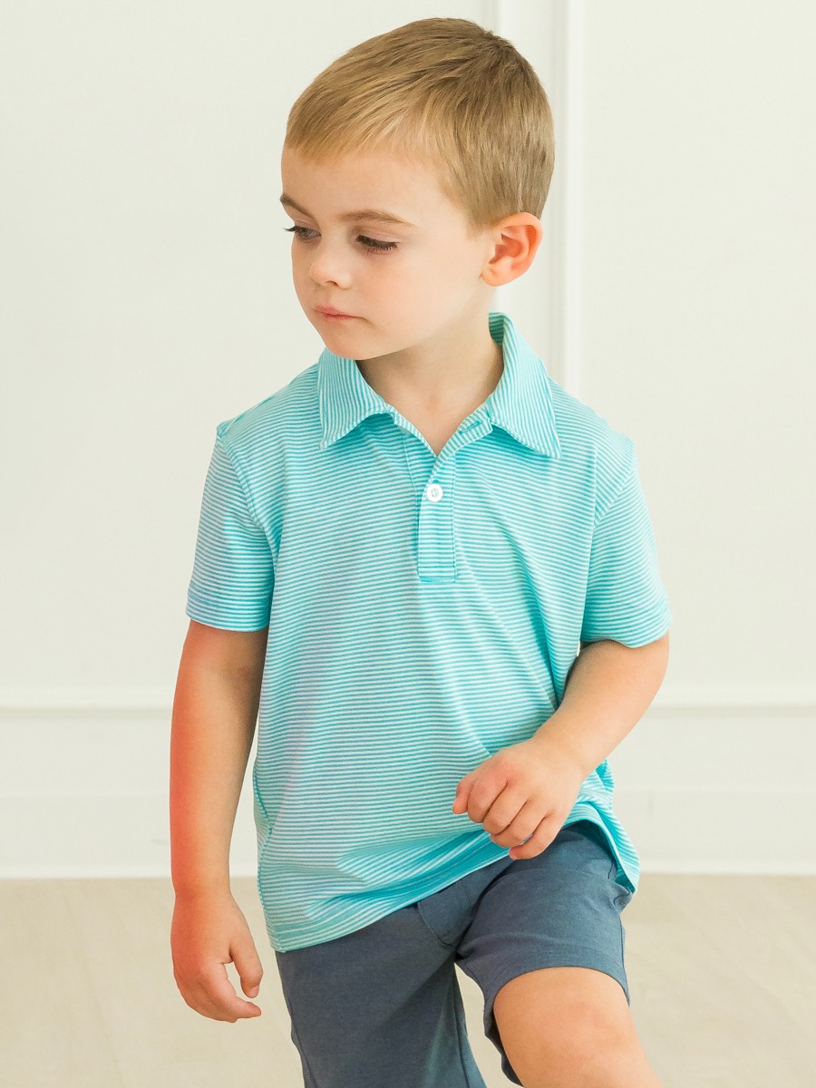 Bright Aqua Micro Stripe Knit Short Sleeve Performance Polo