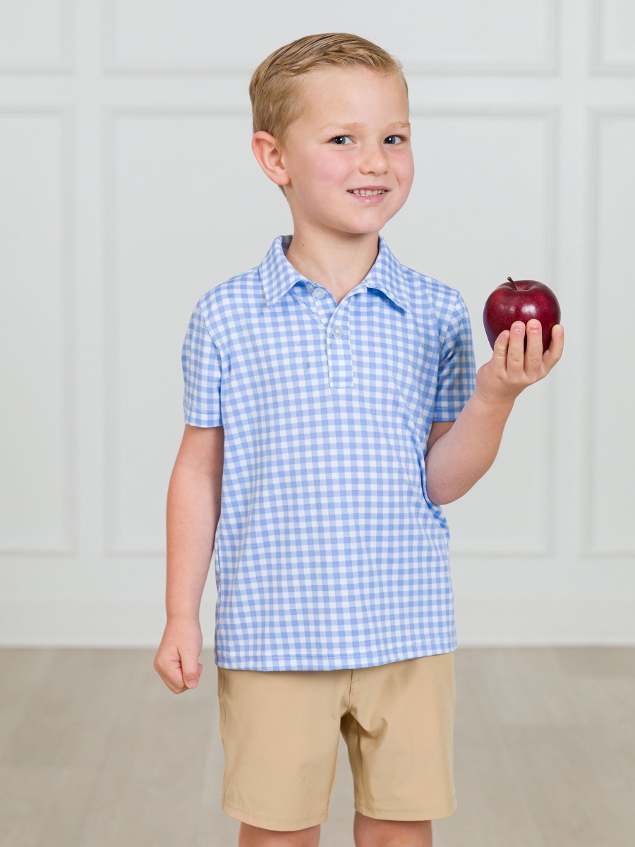 Classic Periwinkle Blue Gingham Knit Short Sleeve Performance Polo