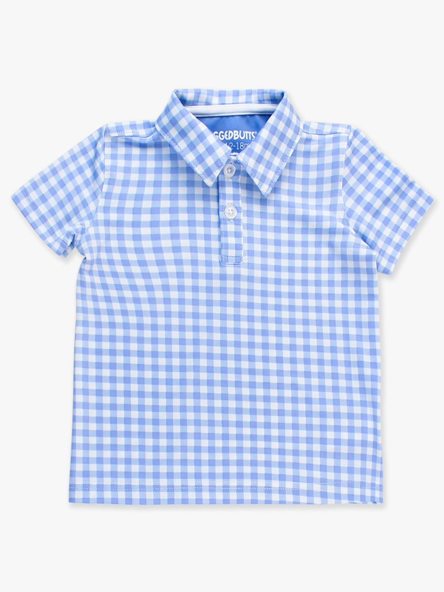 Classic Periwinkle Blue Gingham Knit Short Sleeve Performance Polo