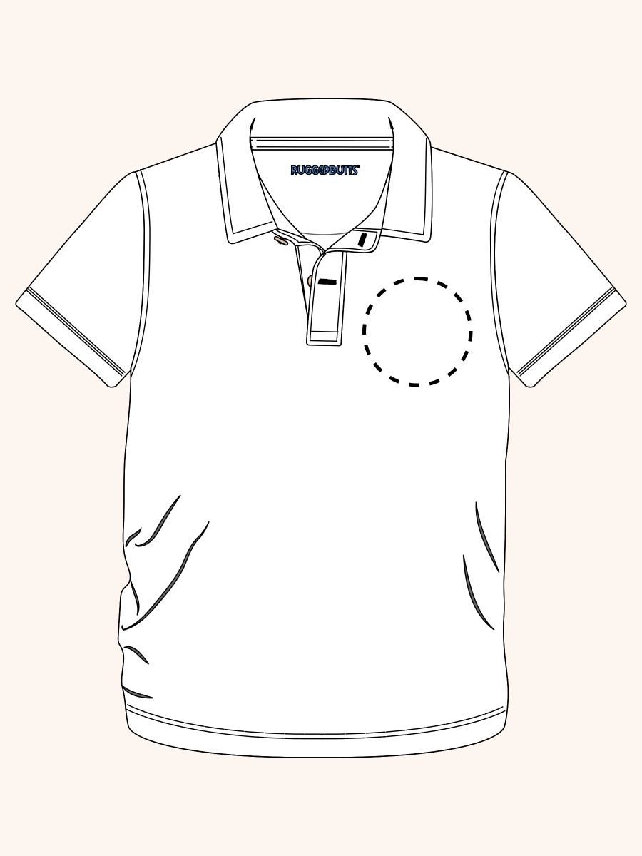 Line drawing of Home Run Knit Short Sleeve Performance Polo. A dotted circle indicates the approximate location for personalization.