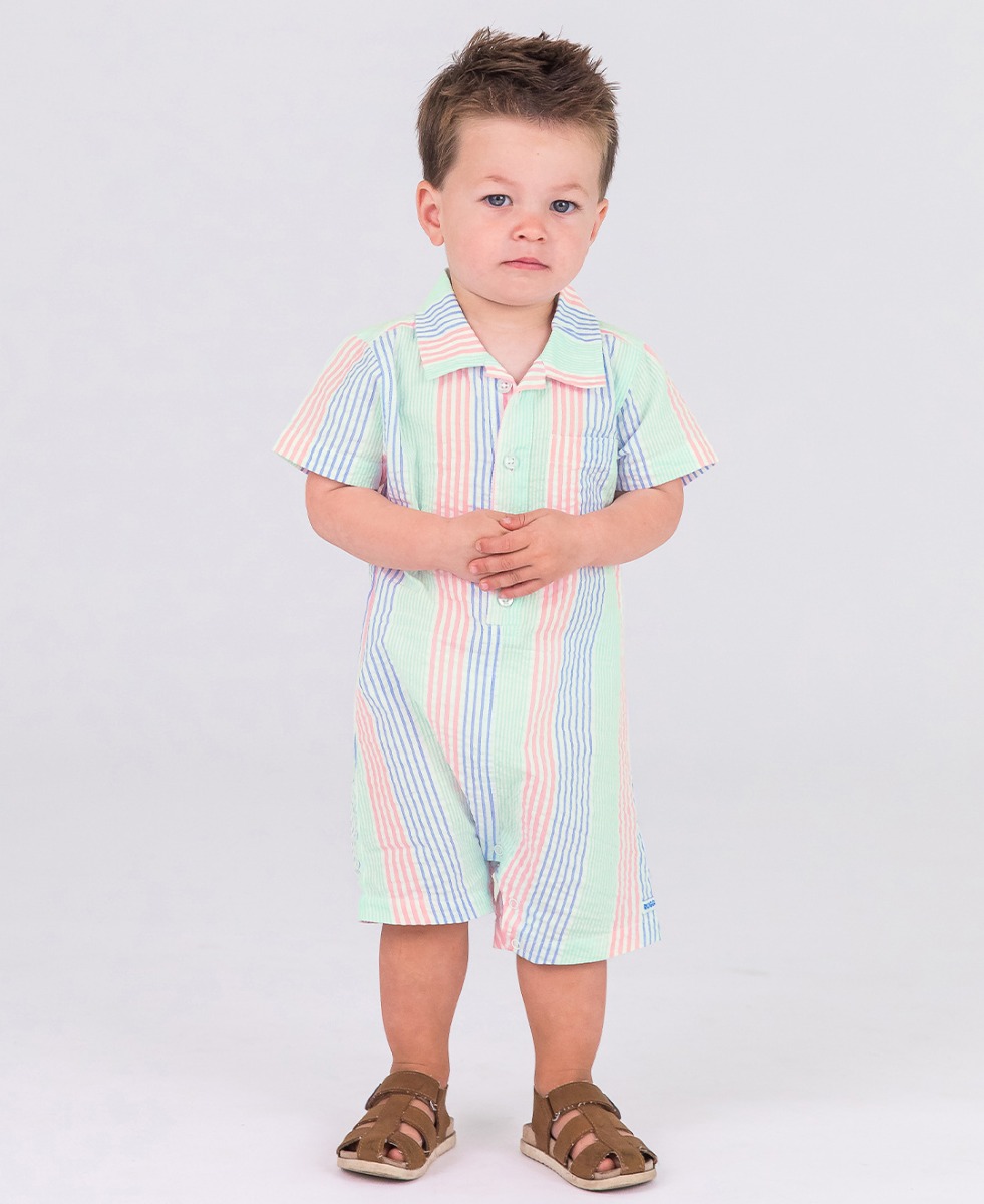 Multi-color Seersucker Short Sleeve Woven Button-Up Romper