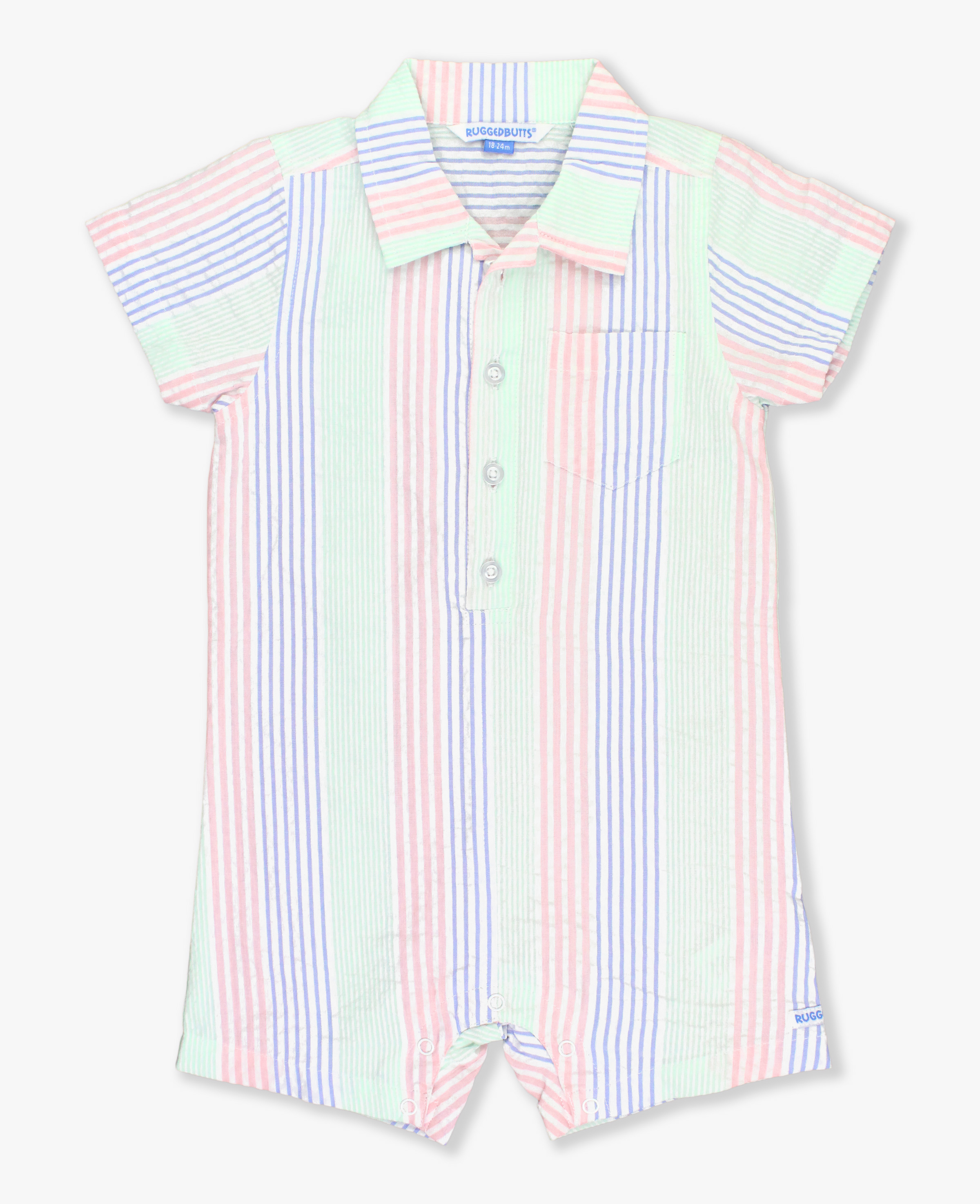 Multi-color Seersucker Short Sleeve Woven Button-Up Romper