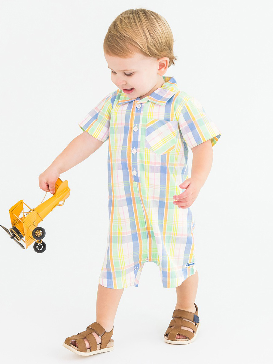 Clubhouse Rainbow Plaid Short Sleeve Woven Button-Up Romper