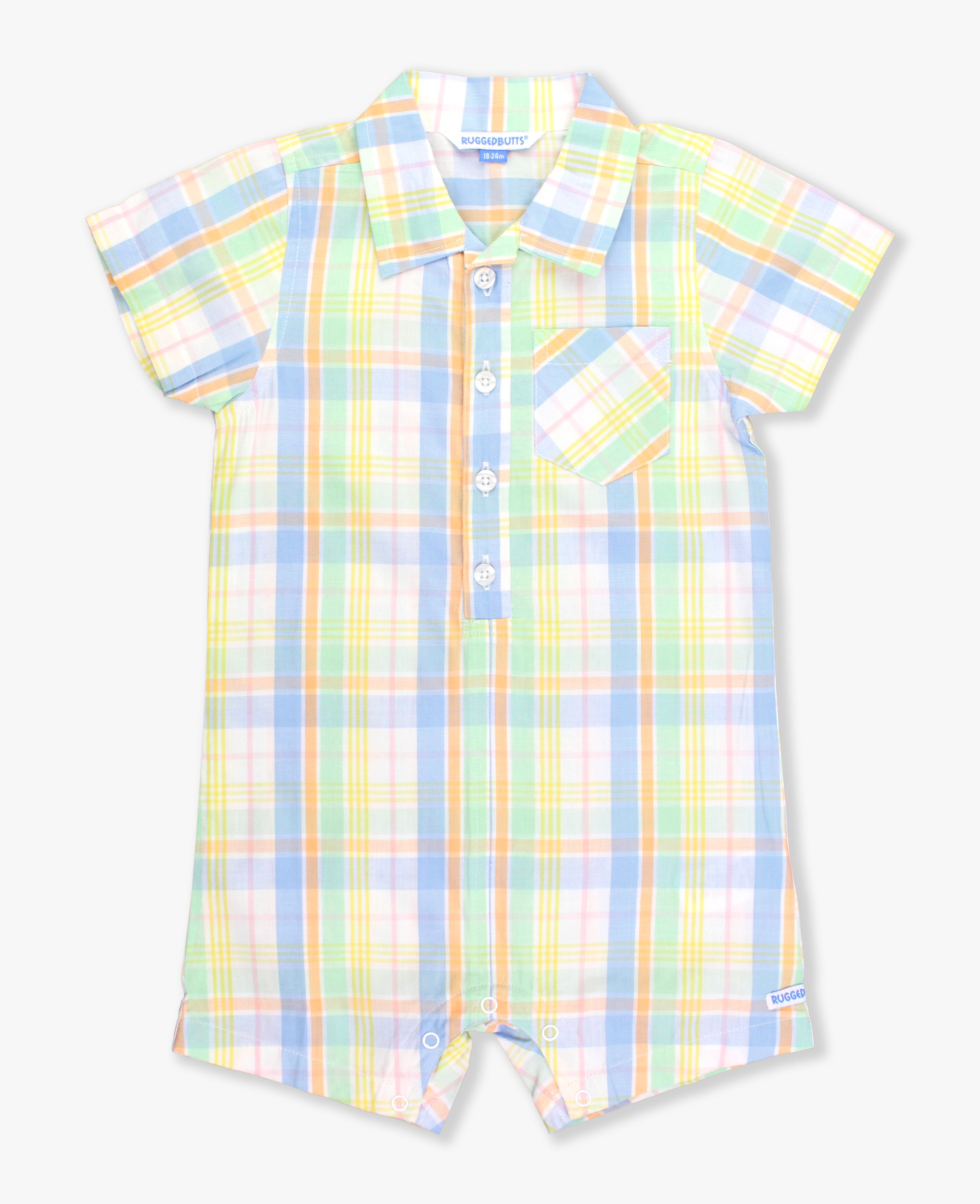 Clubhouse Rainbow Plaid Short Sleeve Woven Button-Up Romper
