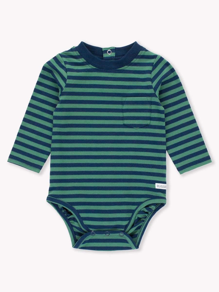 Fir Green & Navy Stripe Crew Neck Pocket Bodysuit - 3-6m