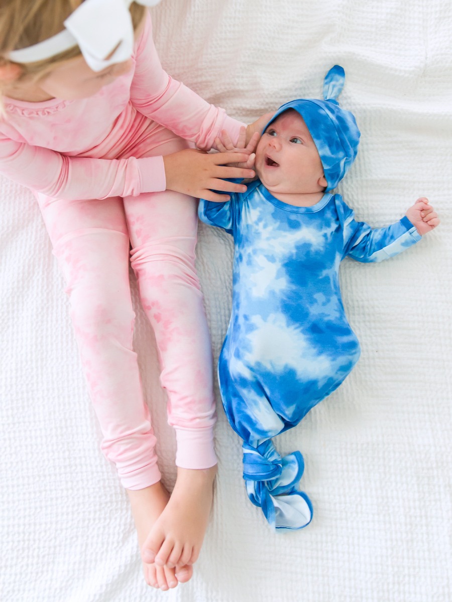 Blue Watercolor Knotted Sleep Gown & Hat Set