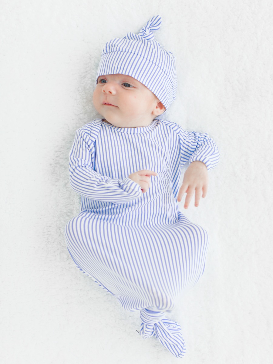 Periwinkle & White Micro Stripe Knotted Sleep Gown & Hat Set
