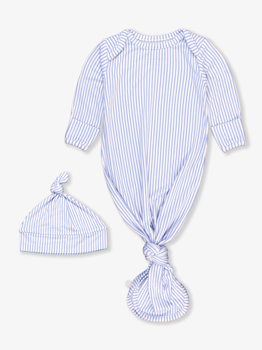 Periwinkle & White Micro Stripe Knotted Sleep Gown & Hat Set