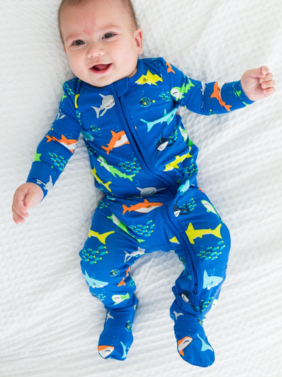 Happy Sharks One Piece Footie Pajama, Bamboo Viscose - 3-6m
