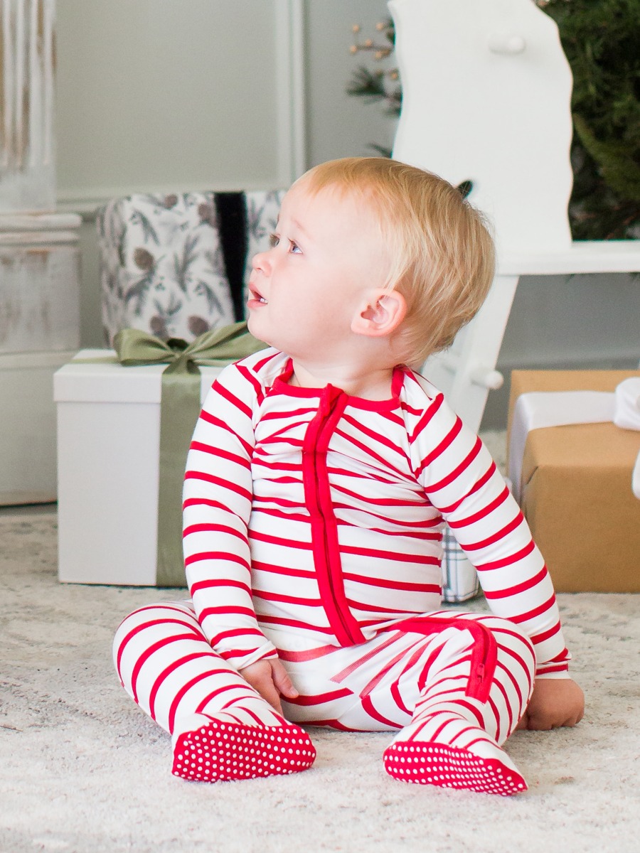 Red & White Stripe One Piece Footie Pajamas, Modal Blend