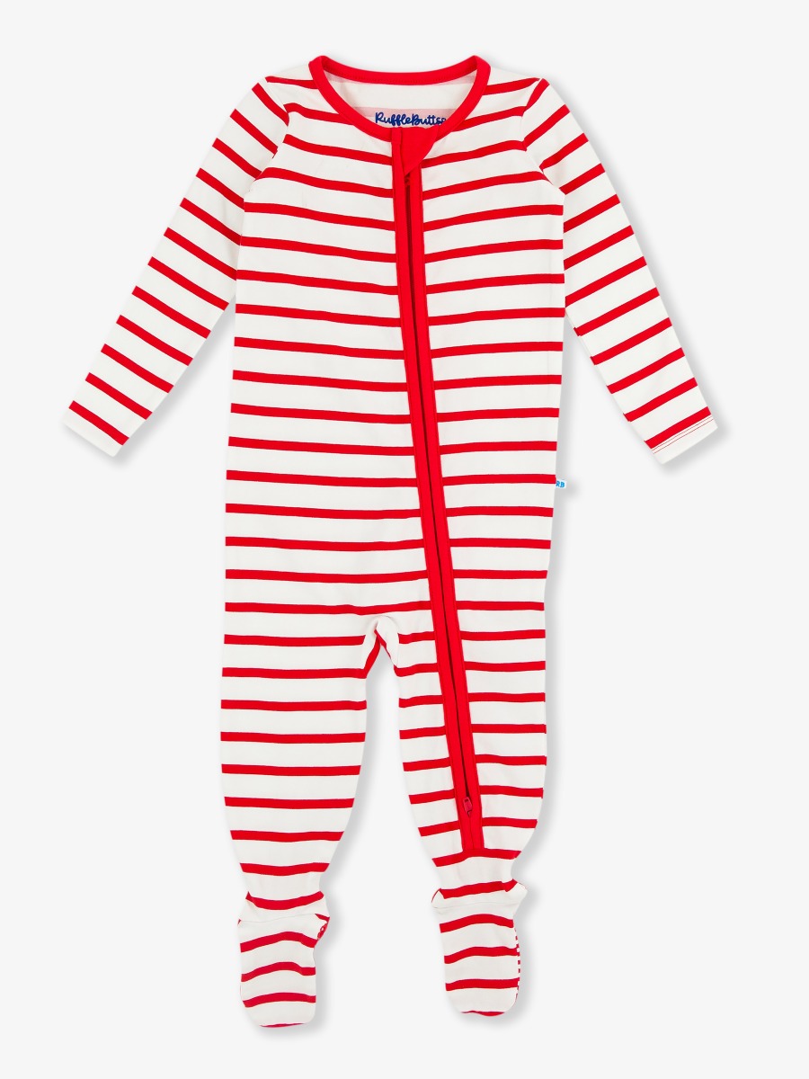 Red & White Stripe One Piece Footie Pajamas, Modal Blend
