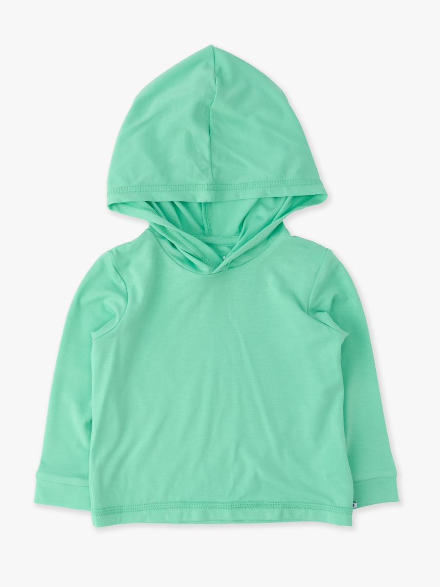 Line drawing of Spring Green Sun Protective Hooded Shirt. A dotted circle indicates the approximate location for personalization.