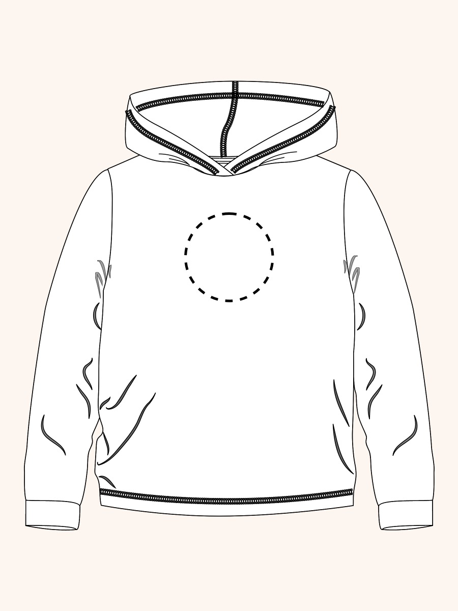 Line drawing of Buttercup Yellow Sun Protective Hooded Shirt. A dotted circle indicates the approximate location for personalization.