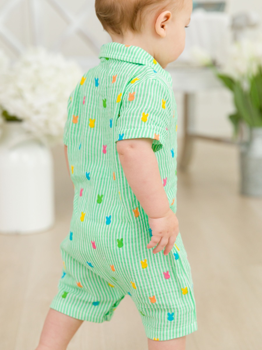 Green Bunny Stripe Cotton Gauze Button-Up Romper