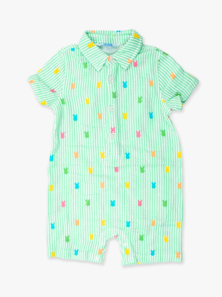 Line drawing of Green Bunny Stripe Cotton Gauze Button-Up Romper. A dotted circle indicates the approximate location for personalization.