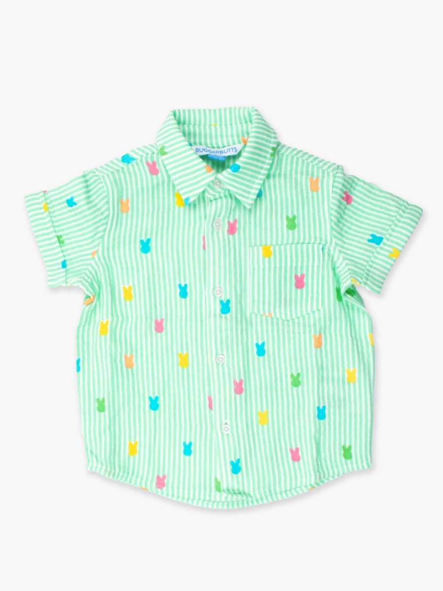 Line drawing of Green Bunny Stripe Cotton Gauze Short Sleeve Button Down Shirt. A dotted circle indicates the approximate location for personalization.