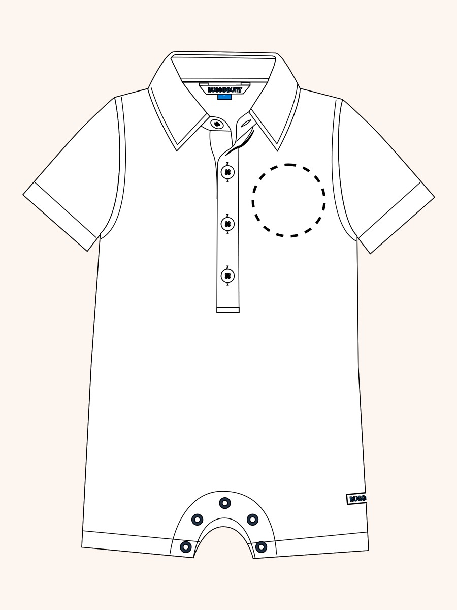 Line drawing of Poppy Rainbow Plaid Woven Short Sleeve Button-Up Romper. A dotted circle indicates the approximate location for personalization.