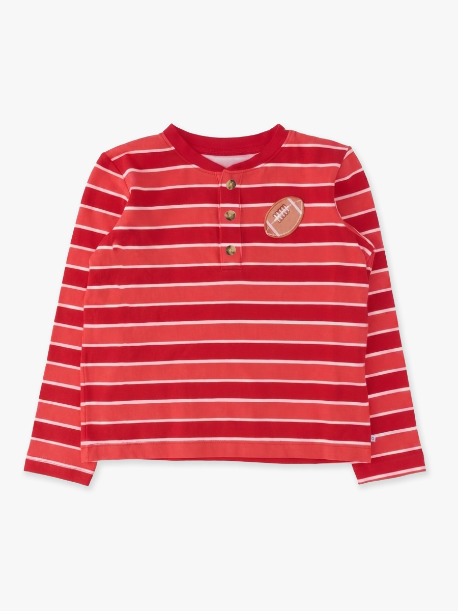 Line drawing of Varsity Red Football Stripe Knit Long Sleeve Embroidered Henley Tee. A dotted circle indicates the approximate location for personalization.