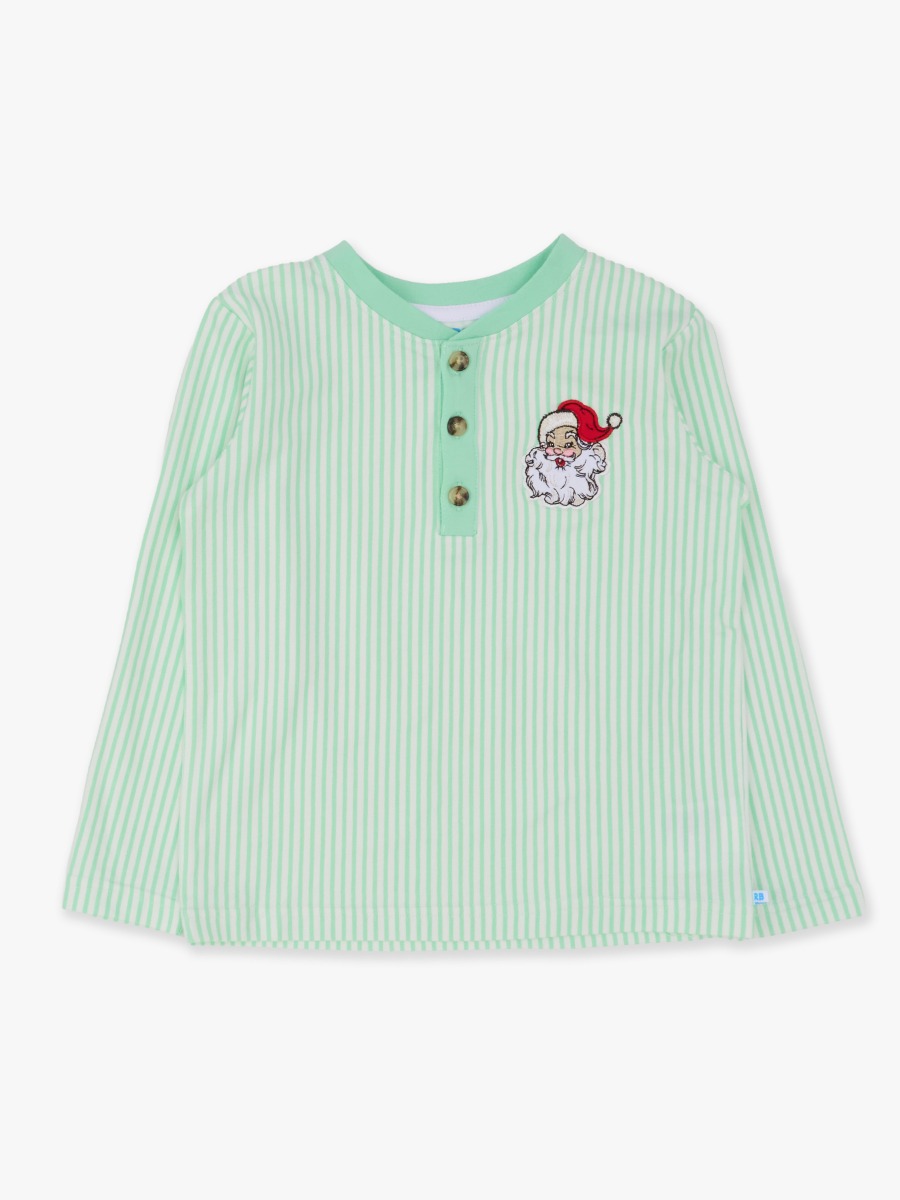 Line drawing of Dear Santa Green Stripe Knit Long Sleeve Embroidered Henley Tee. A dotted circle indicates the approximate location for personalization.