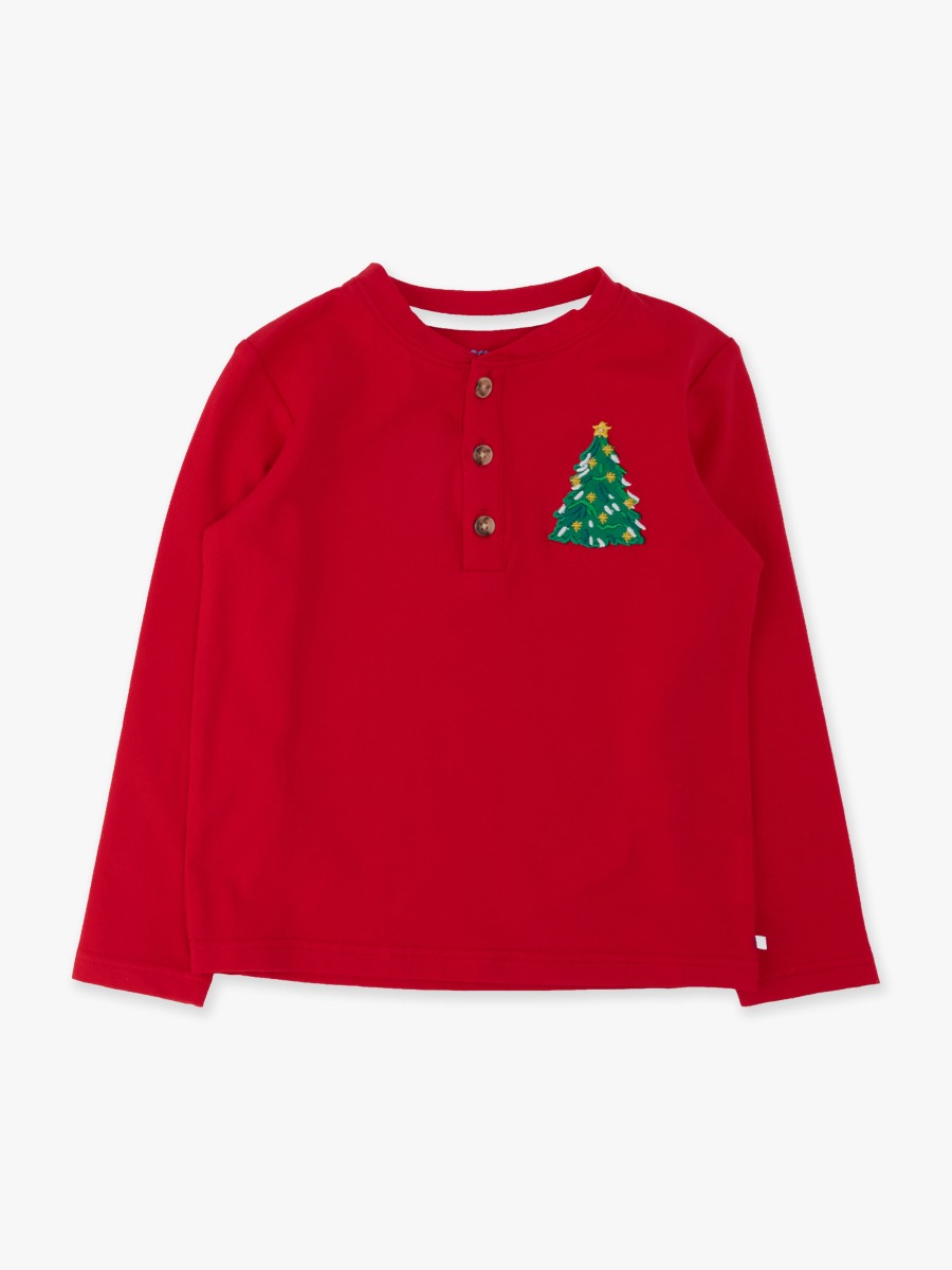 Line drawing of Christmas Tree Red Knit Long Sleeve Embroidered Henley Tee. A dotted circle indicates the approximate location for personalization.