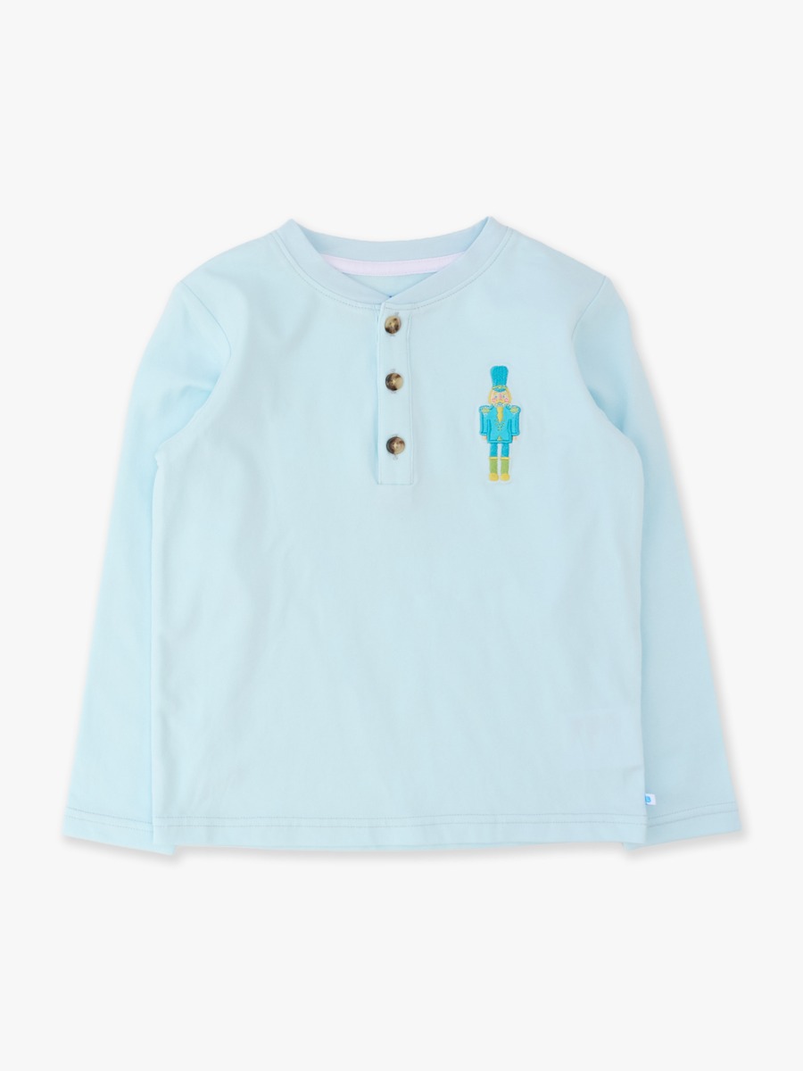 Line drawing of Little Nutcracker Blue Knit Long Sleeve Embroidered Henley Tee. A dotted circle indicates the approximate location for personalization.