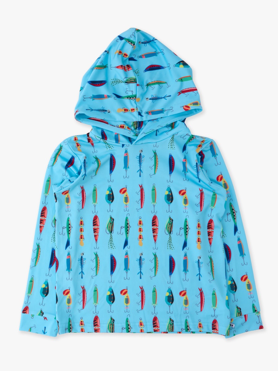Line drawing of Gone Fishin Performance Hooded Shirt. A dotted circle indicates the approximate location for personalization.
