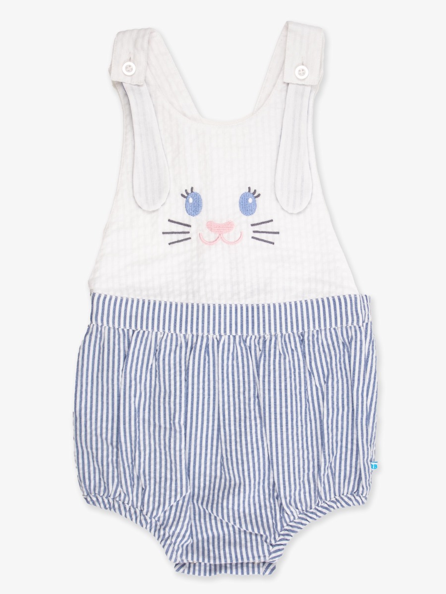 Line drawing of Blue Bunny Ears Seersucker Embroidered Overall Bubble Romper. A dotted circle indicates the approximate location for personalization.