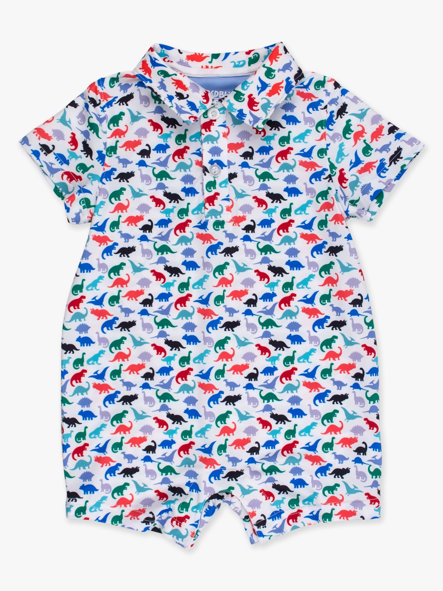 Line drawing of Dino Roar Performance Polo Romper. A dotted circle indicates the approximate location for personalization.