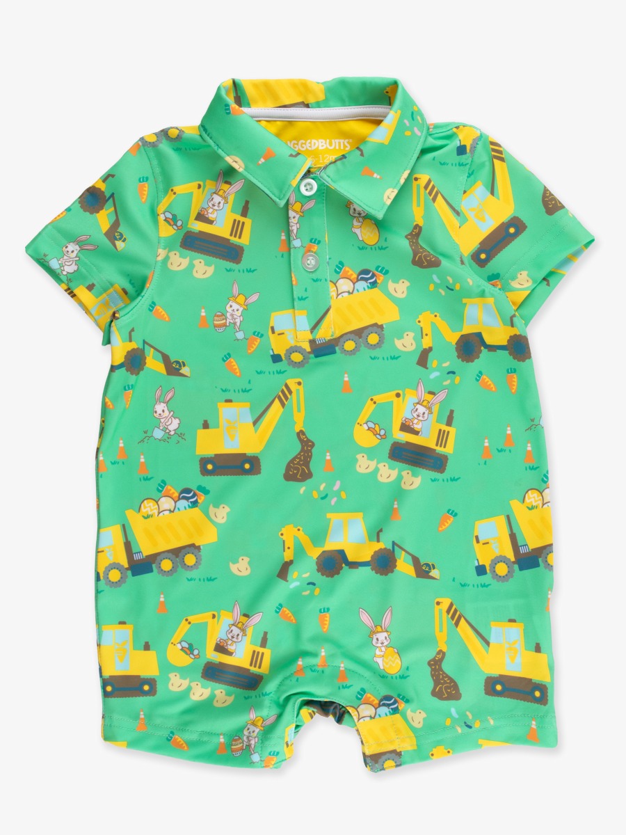 Line drawing of Bunny Builders Performance Polo Romper. A dotted circle indicates the approximate location for personalization.