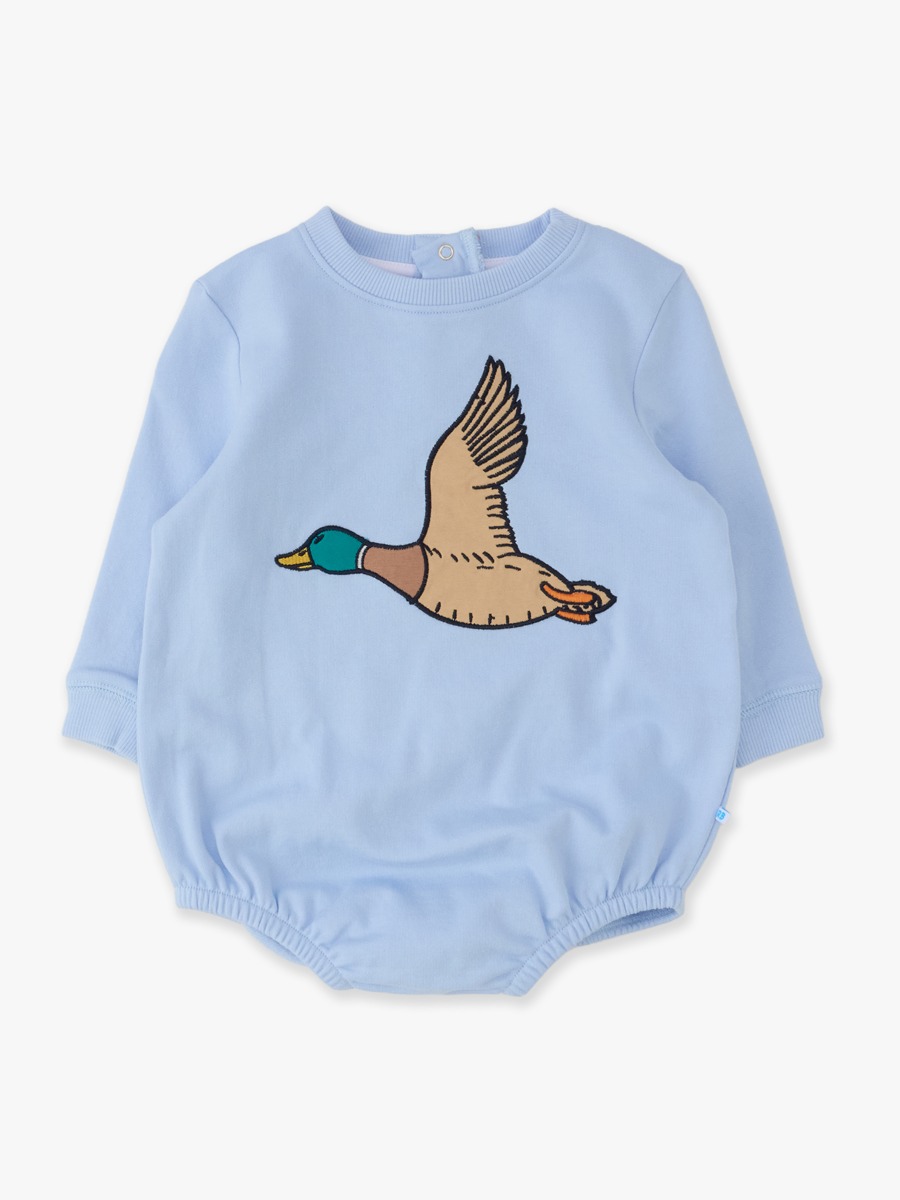 Line drawing of Mallard Windsurfer Blue Applique Sweatshirt Romper. A dotted circle indicates the approximate location for personalization.