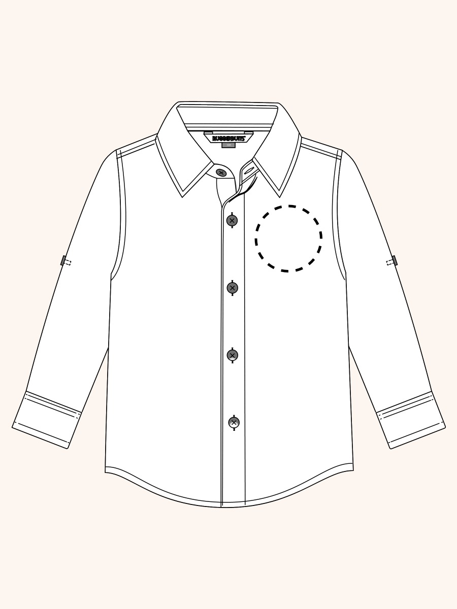 Line drawing of Light Wash Stretch Denim Long Sleeve Button Down Shirt. A dotted circle indicates the approximate location for personalization.