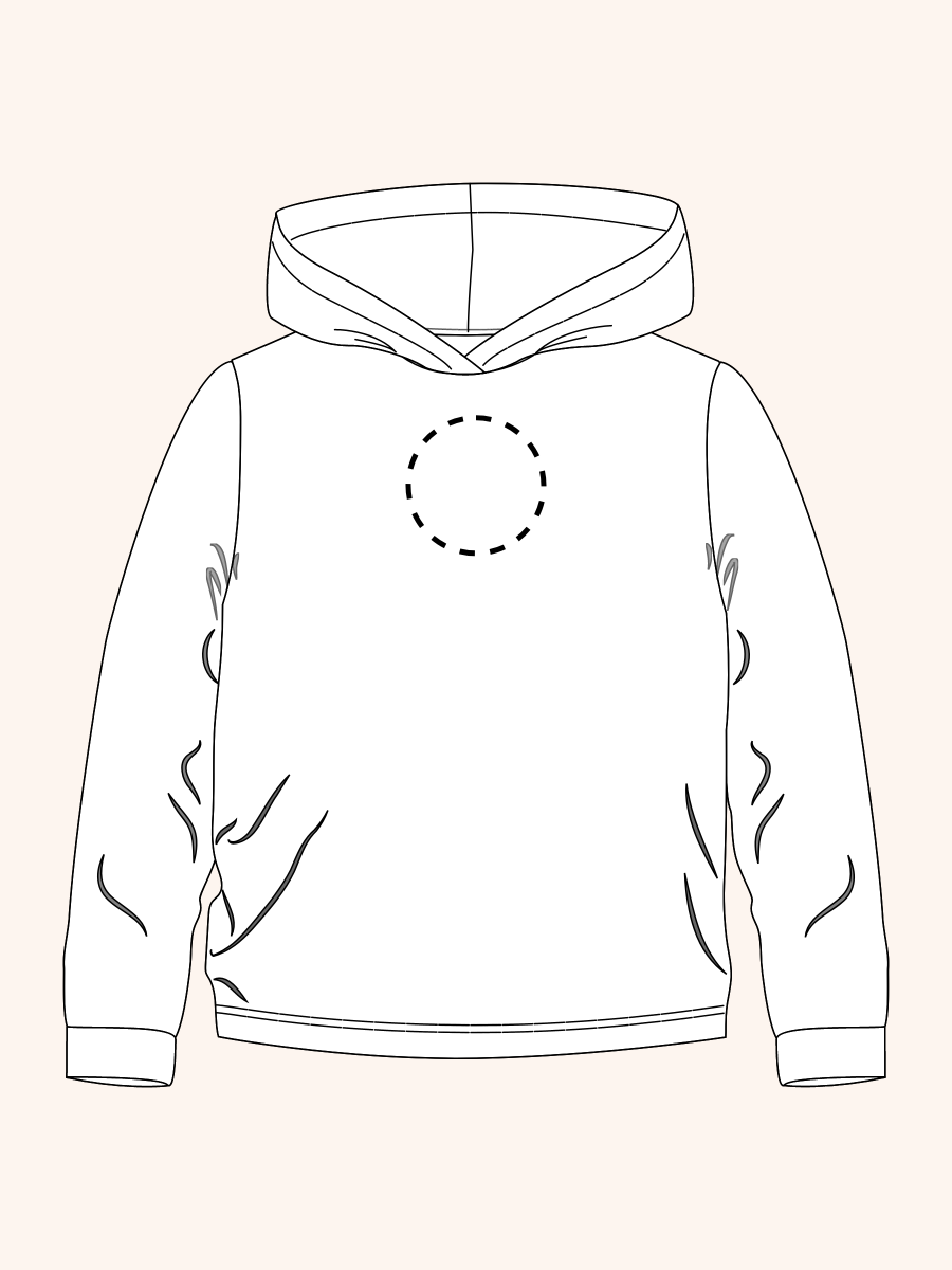 Line drawing of Tiny Candy Canes Performance Hooded Shirt. A dotted circle indicates the approximate location for personalization.