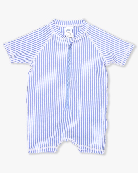 Periwinkle Blue Seersucker Short Sleeve One Piece Rash Guard