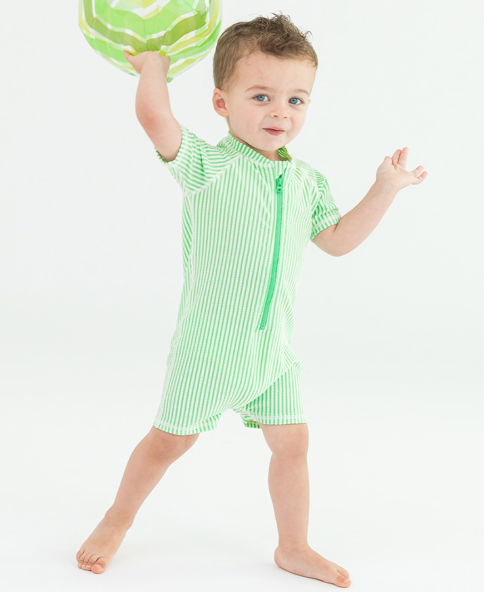 Spring Green Seersucker Short Sleeve One Piece Rash Guard