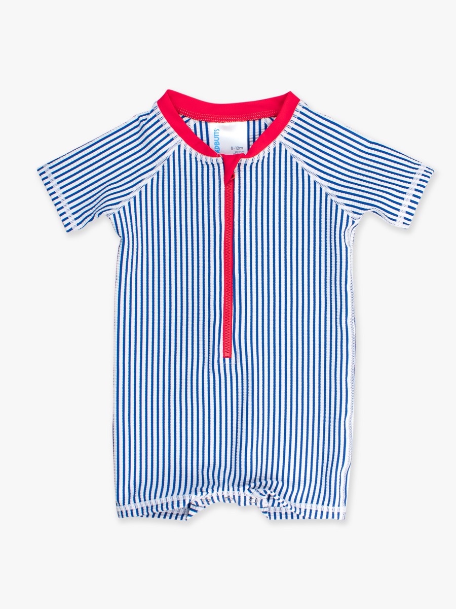 Blue Seersucker Short Sleeve One Piece Rash Guard Swimsuit