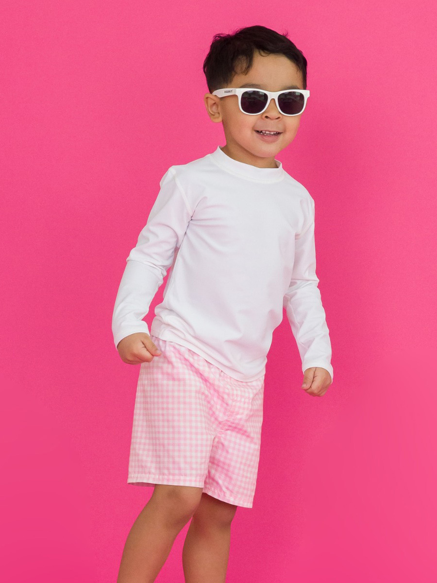 Sal & Pimenta Boys Swim Trunks - Blue Gingham Checks - Pink Trim & Pocket