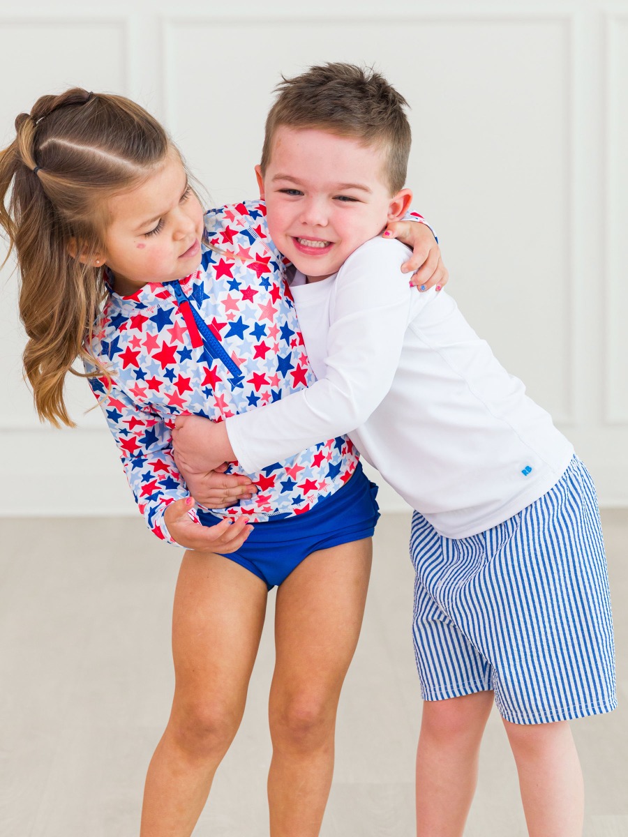 Blue Seersucker Swim Trunks