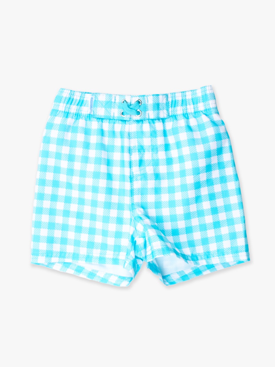 Bright Aqua Gingham Swim Trunks