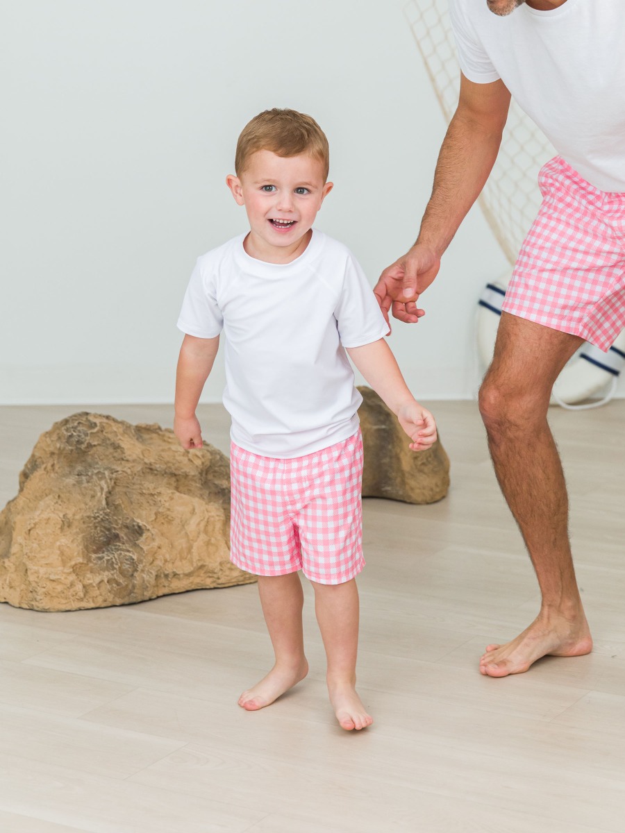 Bubblegum Pink Gingham Swim Trunks