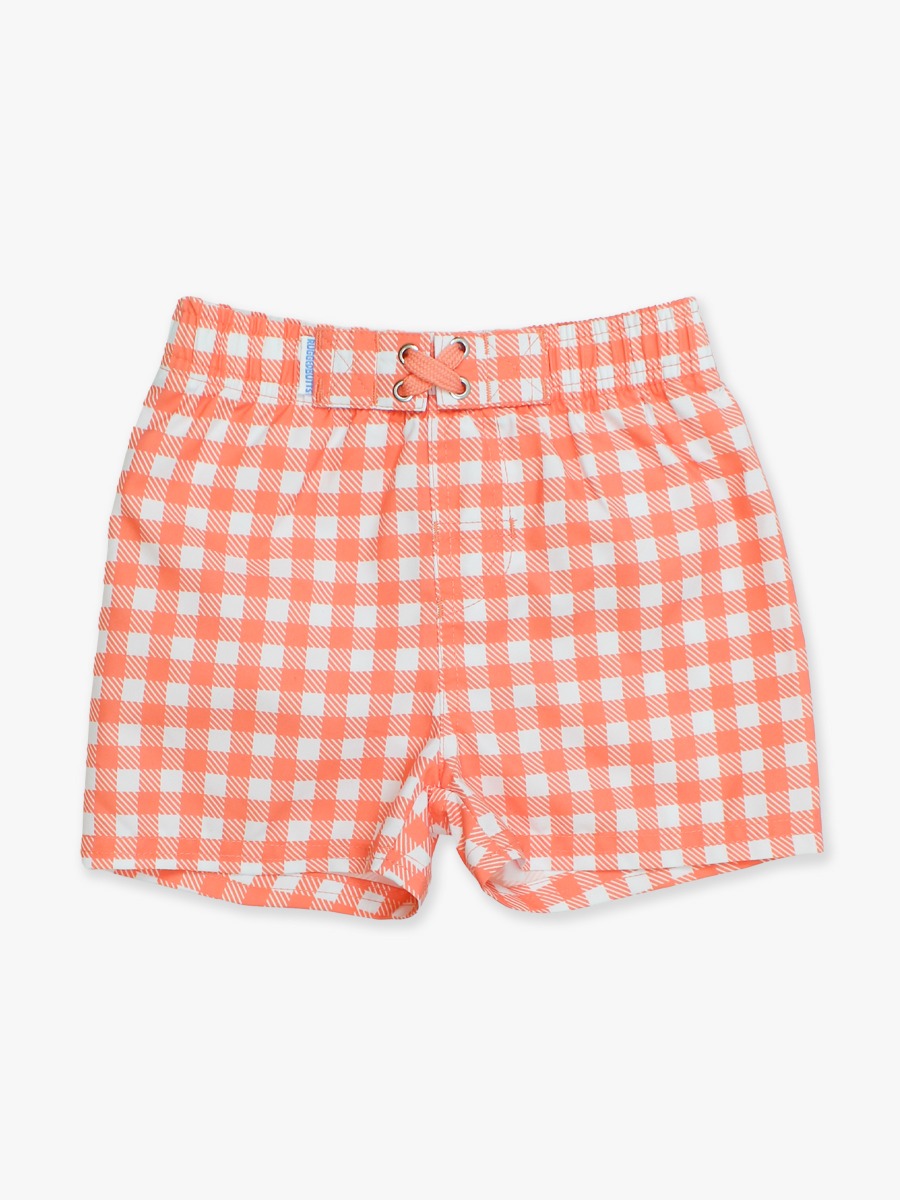 Coral Gingham Swim Trunks