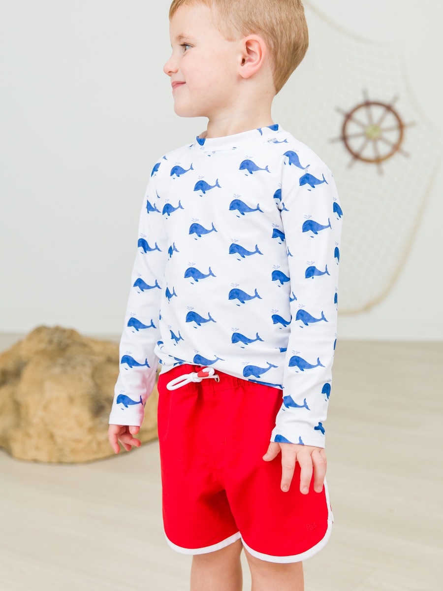 Vintage Red Dolphin Hem Swim Trunks